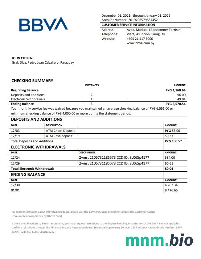 Paragwaj BBVA wyciąg bankowy xls